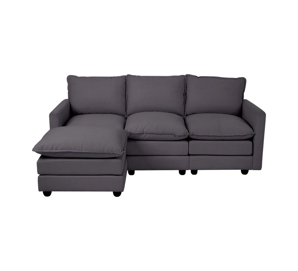 Modular 3-Seater Sofa Set Corduroy Couch with Ottoman Beige Thick Cushion 188cm