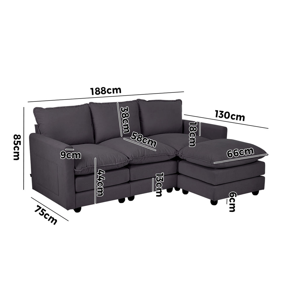 Modular 3-Seater Sofa Set Corduroy Couch with Ottoman Beige Thick Cushion 188cm
