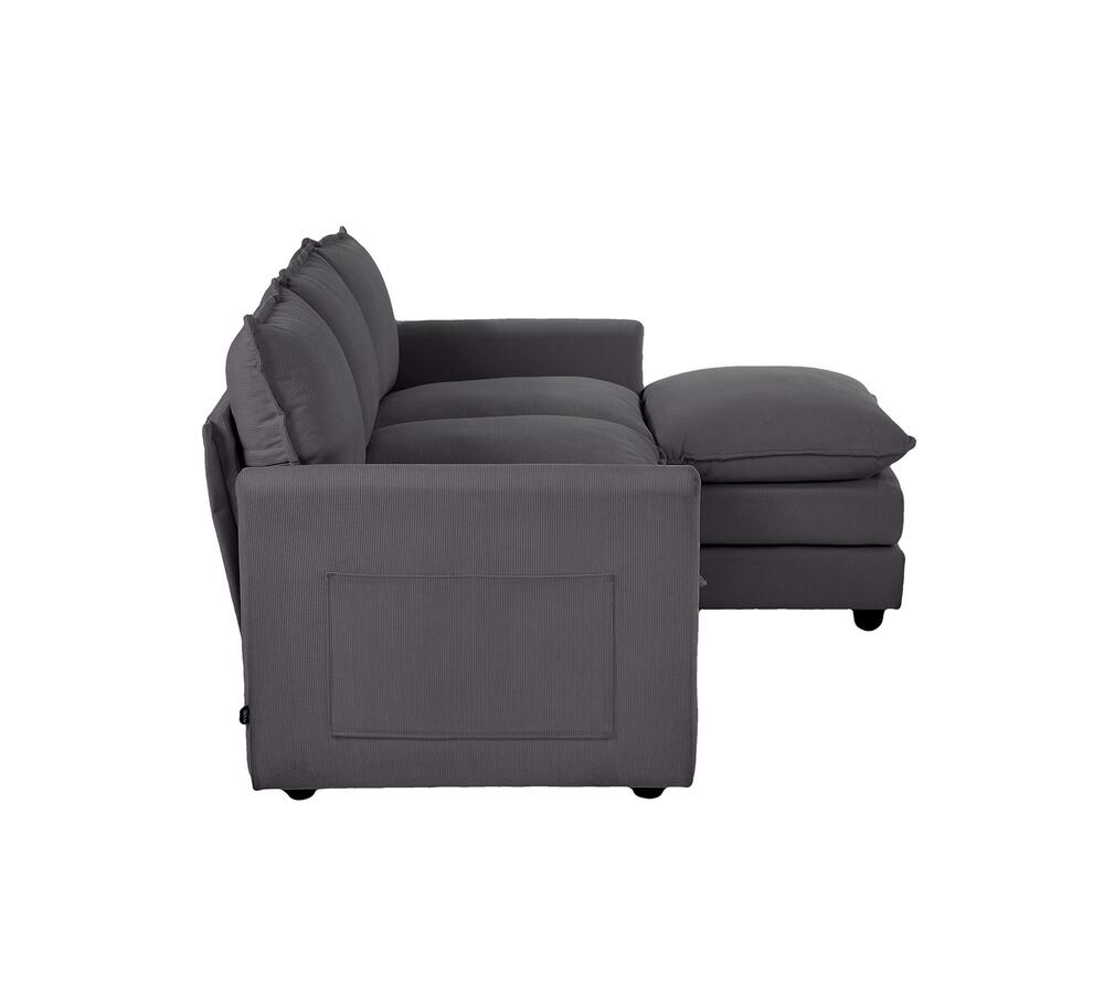 Modular 3-Seater Sofa Set Corduroy Couch with Ottoman Beige Thick Cushion 188cm