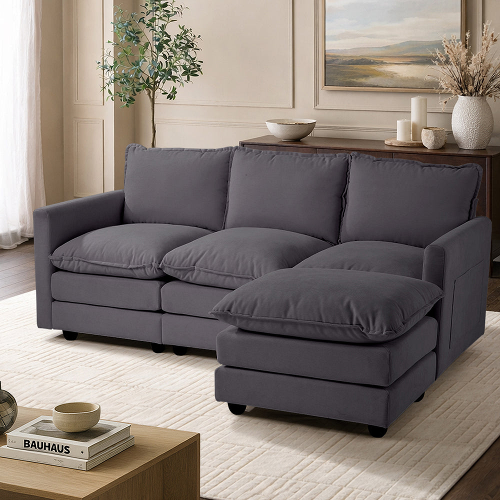 Modular 3-Seater Sofa Set Corduroy Couch with Ottoman Beige Thick Cushion 188cm