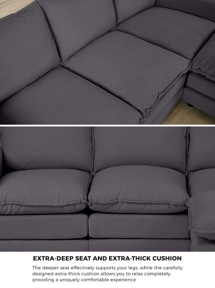 Modular 3-Seater Sofa Set Corduroy Couch with Ottoman Beige Thick Cushion 188cm