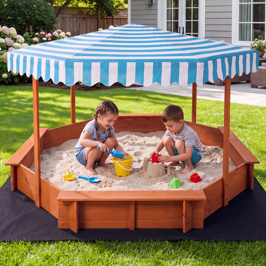 Octagonal Wooden Sandpit With Canopy 210x210x130cm