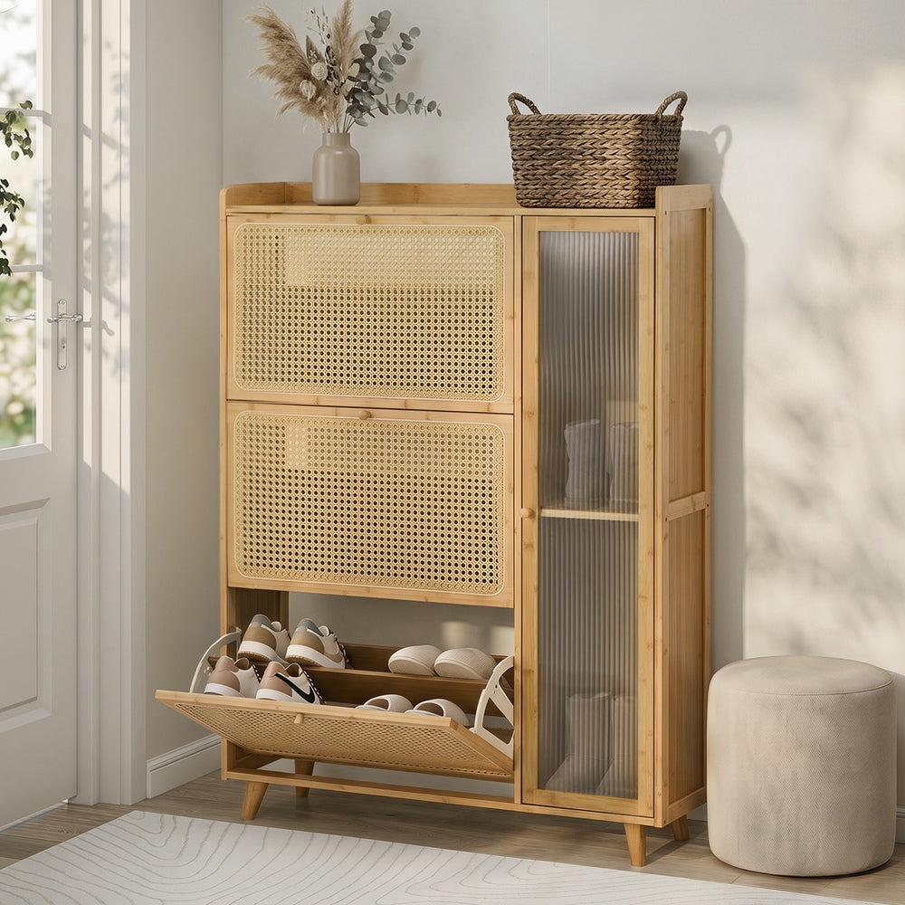 Bamboo Shoe Cabinet 3 Compartments Natural | Simpledeals
