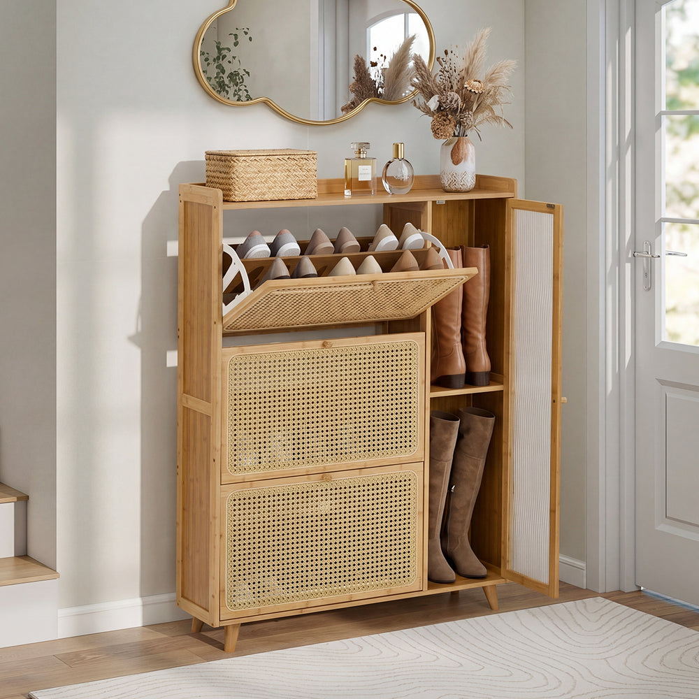 Bamboo Shoe Cabinet 3 Compartments Natural | Simpledeals