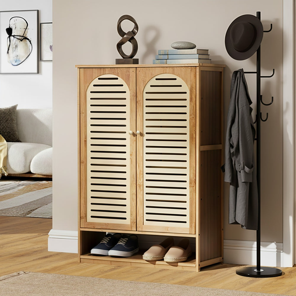 Bamboo Shoe Storage Cabinet 2 Doors Organizer Shelf Rack Beige