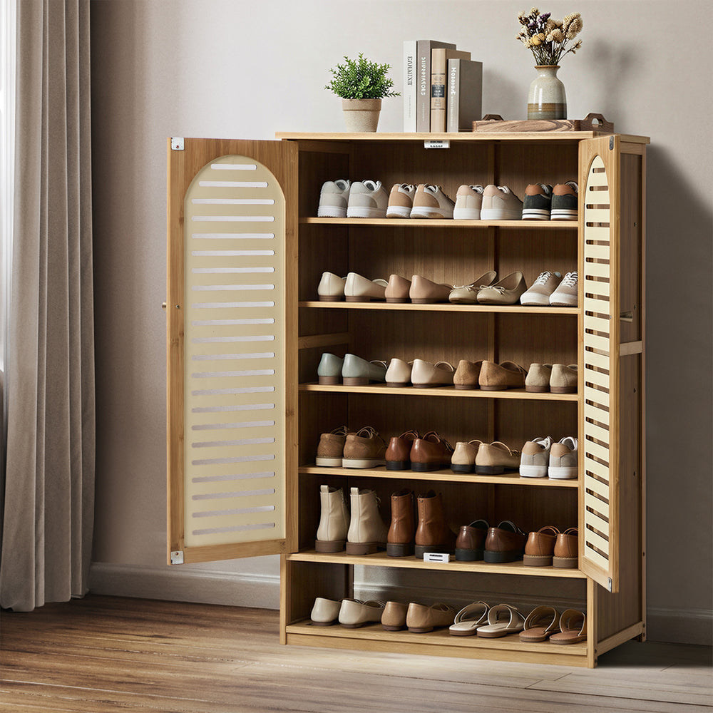 Bamboo Shoe Storage Cabinet 2 Doors Organizer Shelf Rack Beige