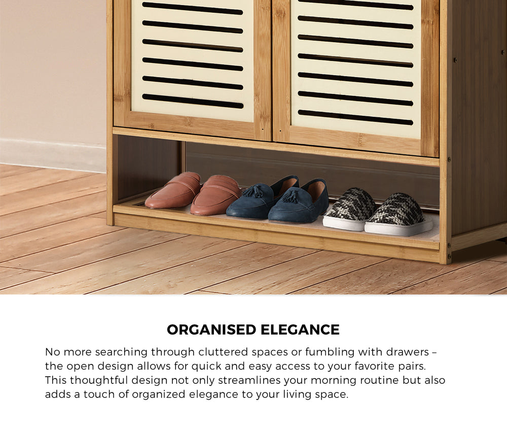 Bamboo Shoe Storage Cabinet 2 Doors Organizer Shelf Rack Beige