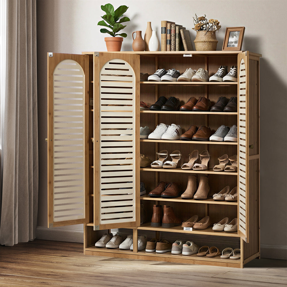 Bamboo Shoe Storage Cabinet 3 Doors Organizer Shelf Rack Beige & Brown
