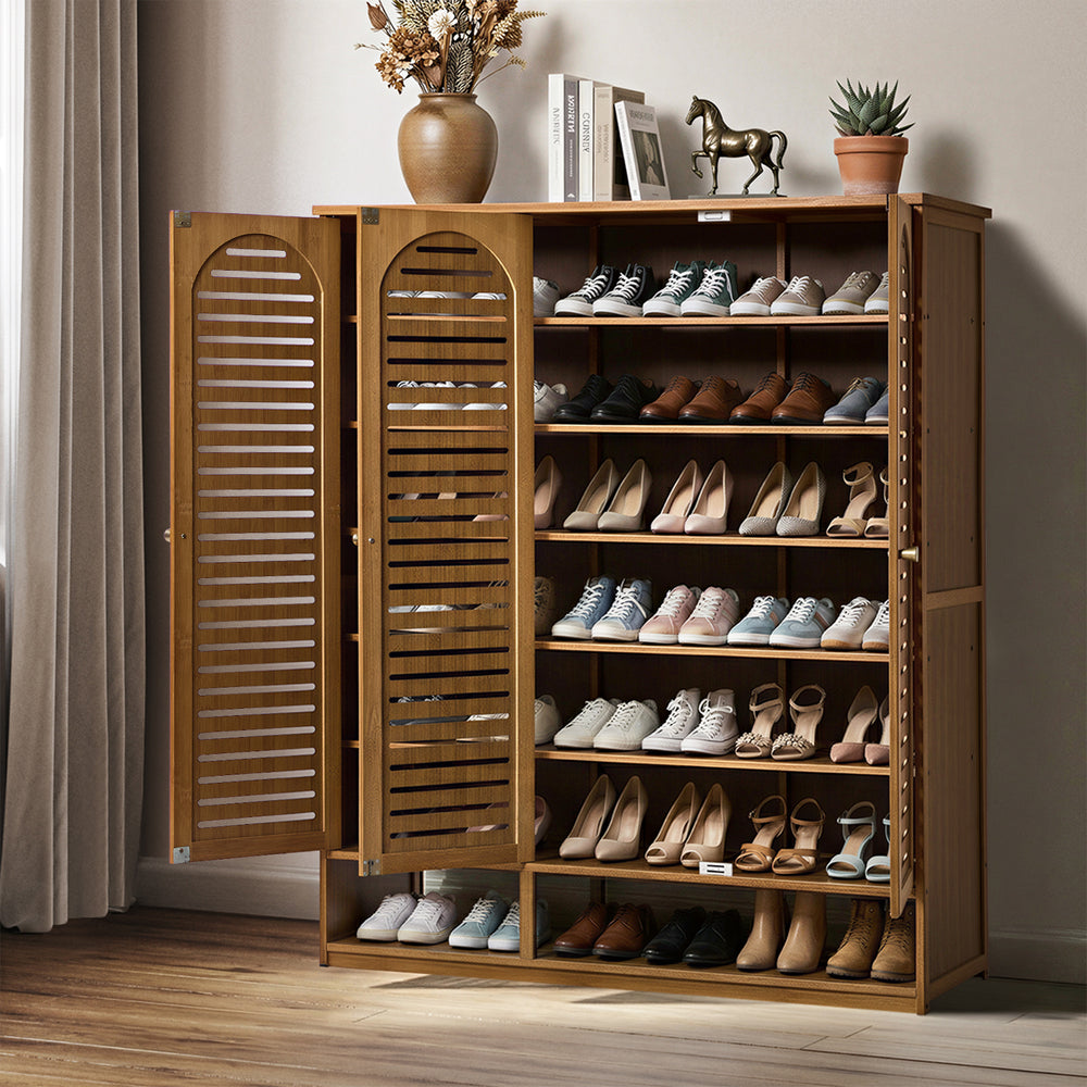 Bamboo Shoe Storage Cabinet 3 Doors Organizer Shelf Rack Beige & Brown