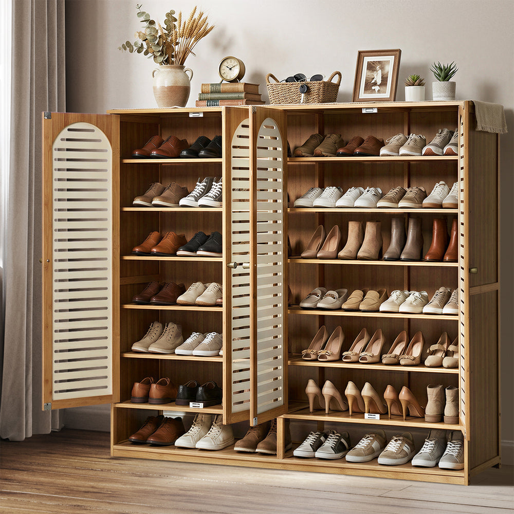 Bamboo Shoe Storage Cabinet 2 Doors Organizer Shelf Rack Beige
