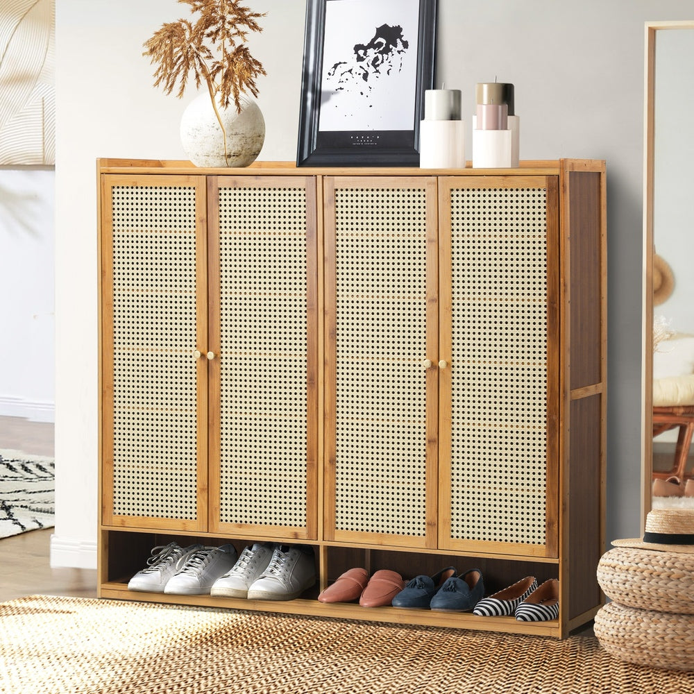 Shoe Storage Cabinet 4 Doors Rattan Black