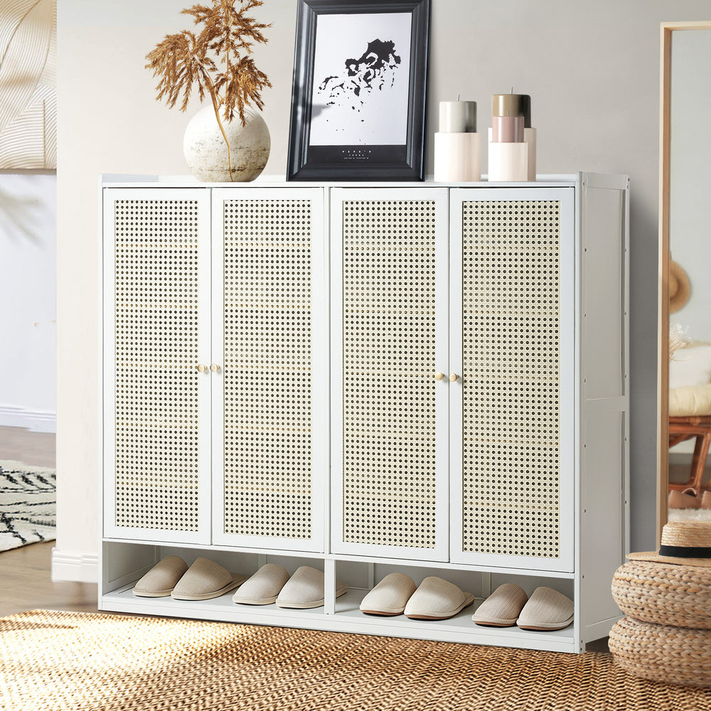 Shoe Storage Cabinet Rattan White 120x32x108cm