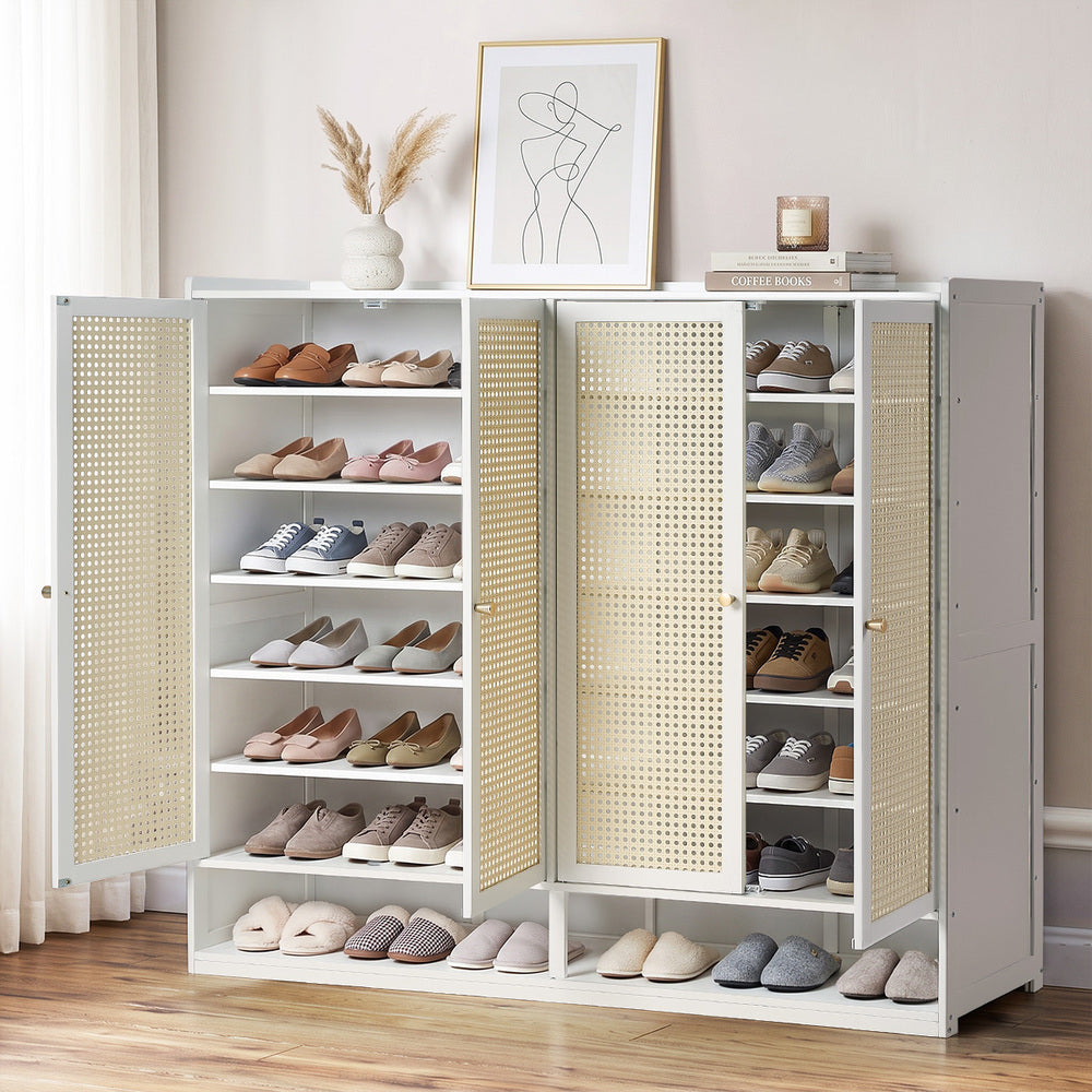 Shoe Storage Cabinet Rattan White 120x32x108cm