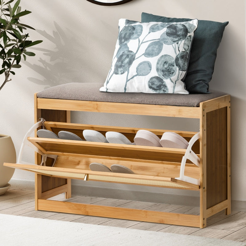 Shoe Storage Bench Bamboo Organiser Shelf with Seat 50cm & 70cm, Bamboo finish