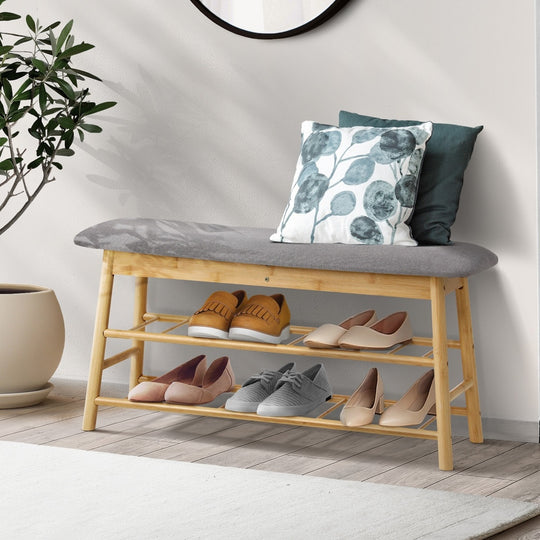 Bamboo Shoe Storage Bench Cushioned Seat 90cm - Shoe Bench
