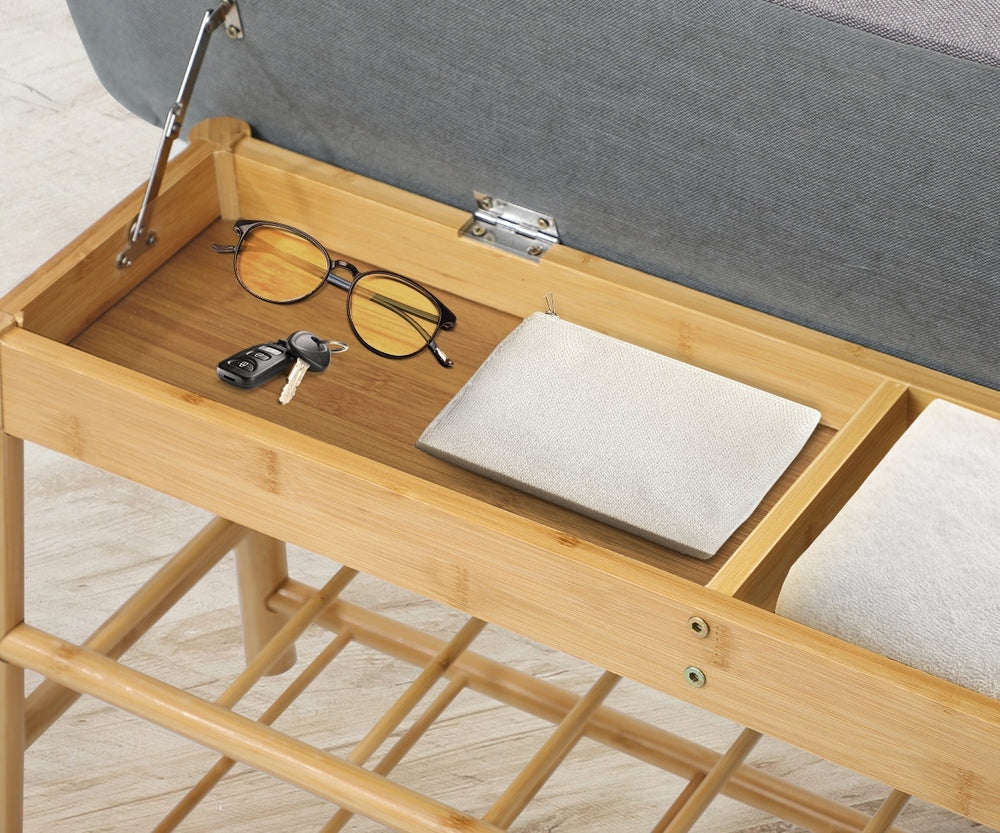 Bamboo Shoe Storage Bench Cushioned Seat 90cm | Simpledeals