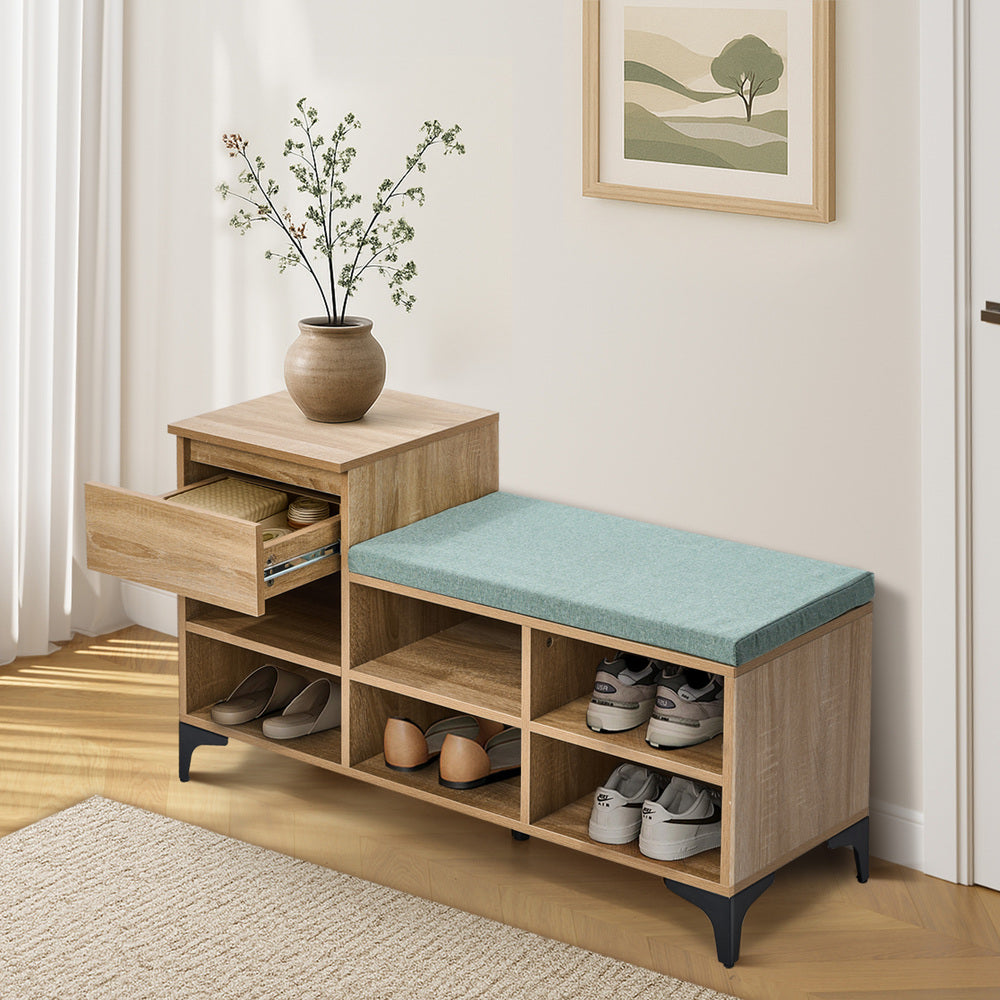 Shoe Cabinet Bench Storage Drawer 6 Shelves Polyester Seat