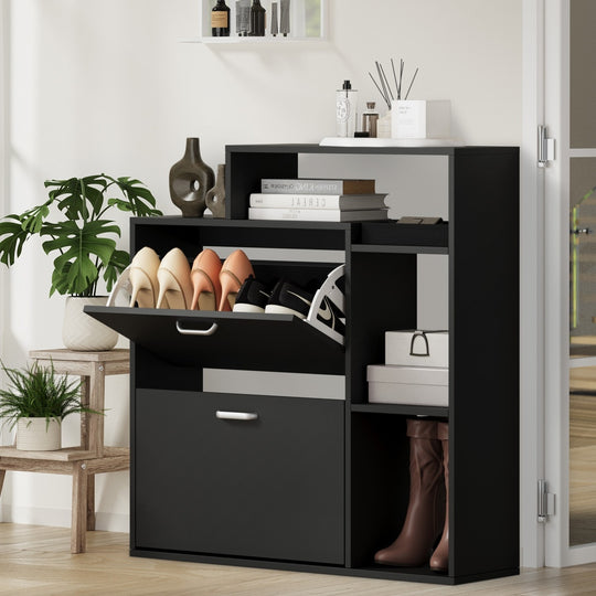 Modern Shoe Cabinet Storage Black 2 Doors Display Shelves