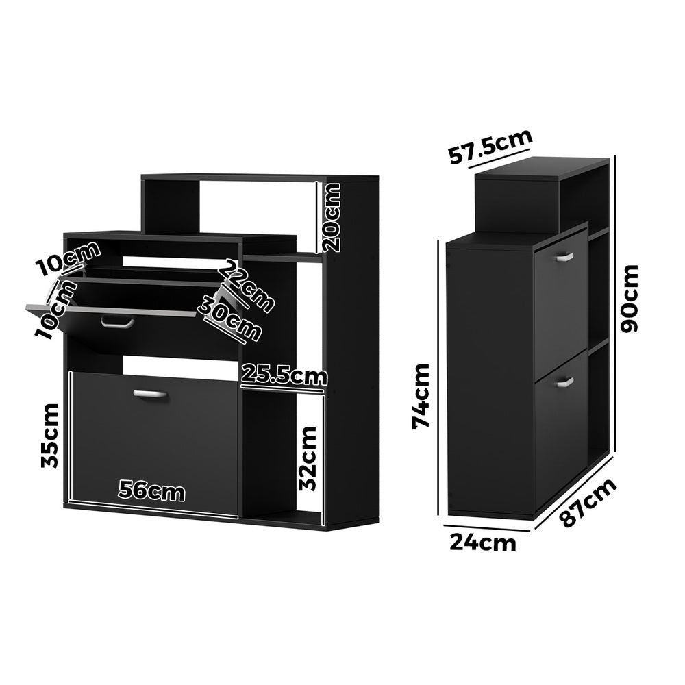 Modern Shoe Cabinet Storage Black 2 Doors with Display Shelves Entryway