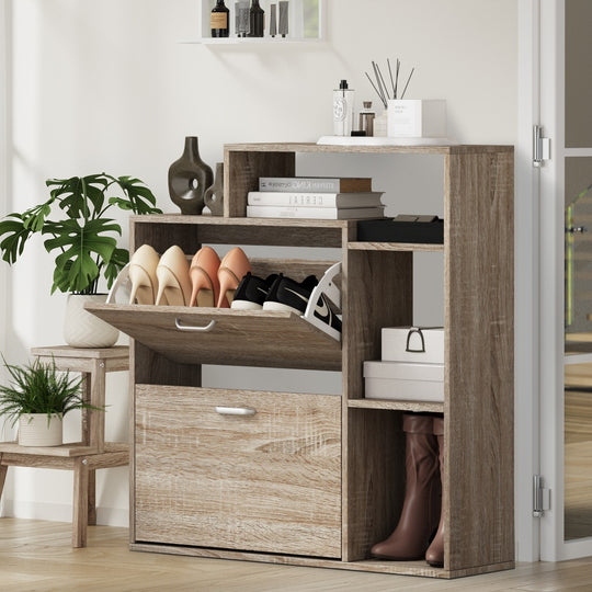 Wooden Shoe Storage Cabinet 2 Doors with Display Shelves