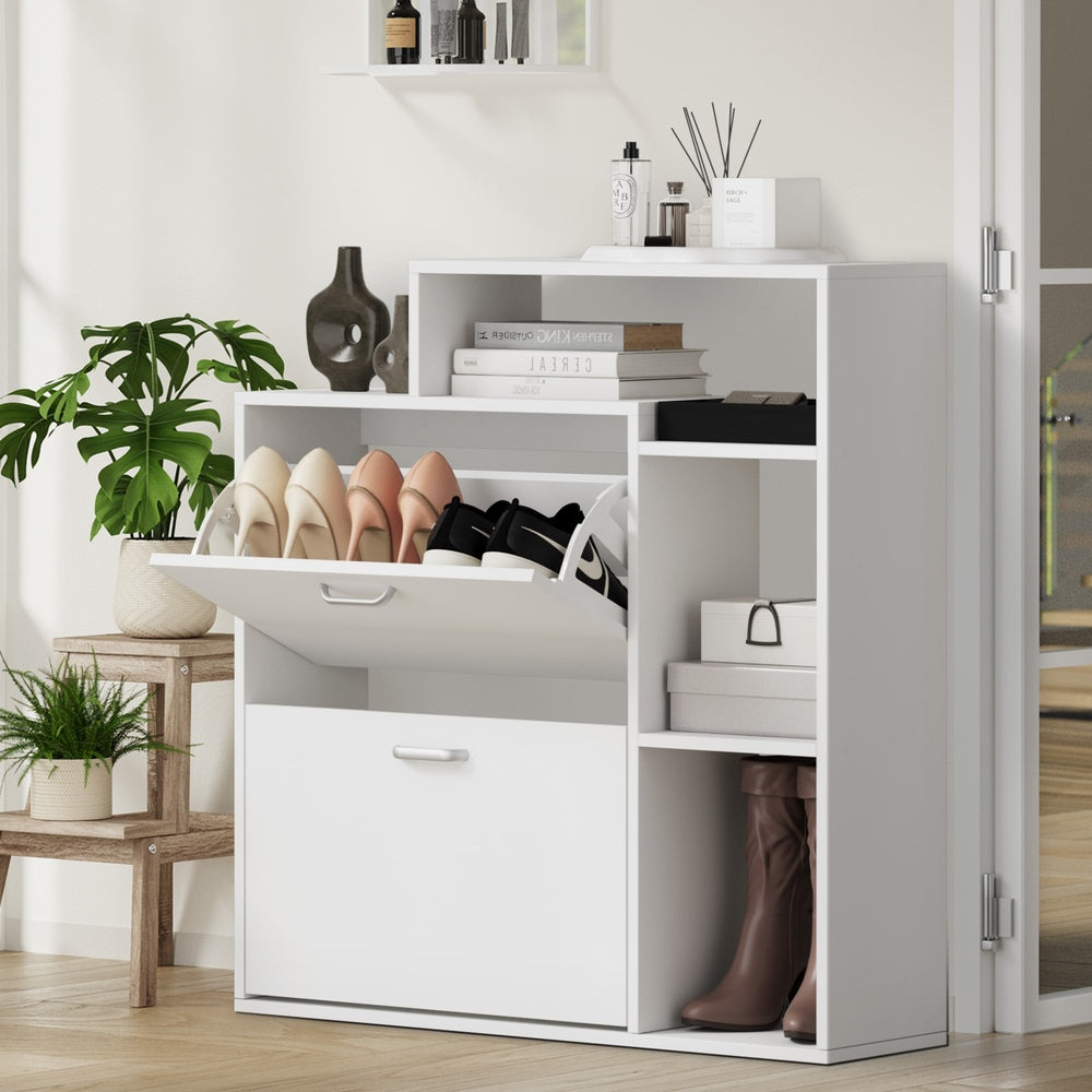 Shoe Cabinet White 2 Door Storage Unit with Display Shelves for Hallway