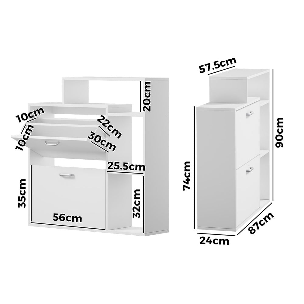 Shoe Cabinet White 2 Door Storage Unit with Display Shelves for Hallway
