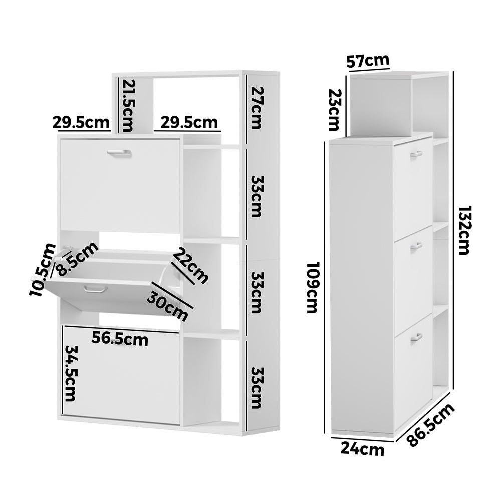 Contemporary White Shoe Storage Cabinet 3 Doors with Display Shelves
