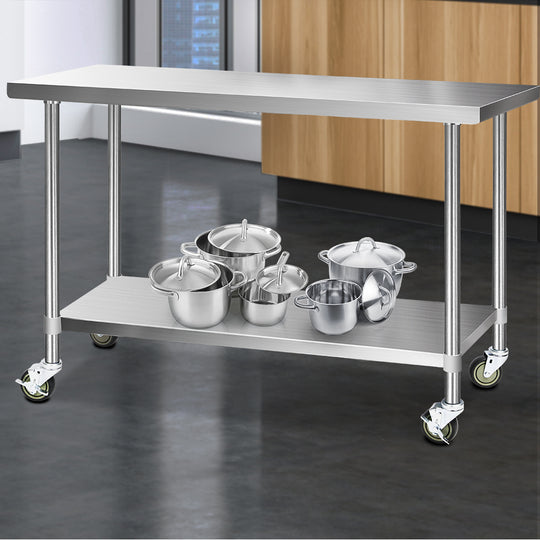 Premium 1524X610Mm Stainless Steel Kitchen Bench With Wheels - Cefito Benches Work Food