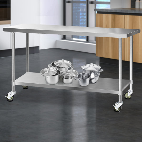 1829x610mm Stainless Steel Kitchen Bench with Wheels Commercial Table - Cefito Benches Work Food