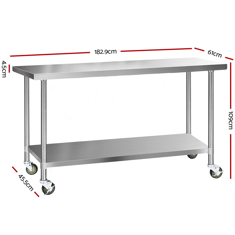 1829x610mm Stainless Steel Kitchen Bench with Wheels Commercial Table