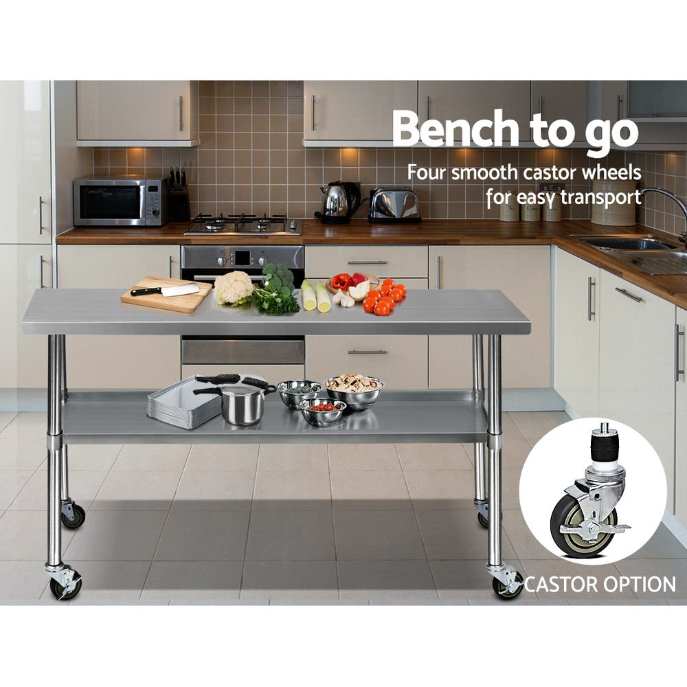 1829x610mm Stainless Steel Kitchen Bench with Wheels Commercial Table