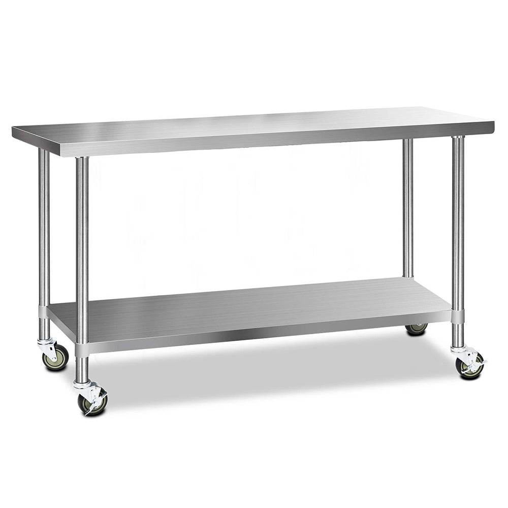 1829x610mm Stainless Steel Kitchen Bench with Wheels Commercial Table