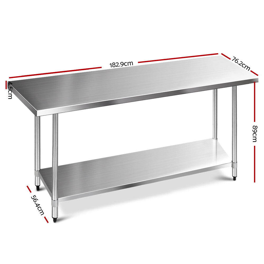 1829x760mm Stainless Steel Kitchen Bench Commercial Food Prep Table