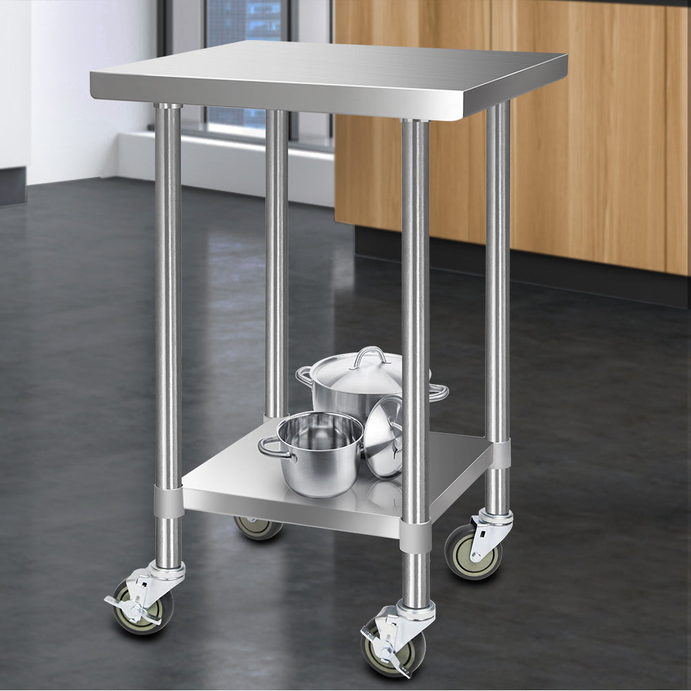 610x610mm Stainless Steel Kitchen Bench with Wheels Food Prep Table