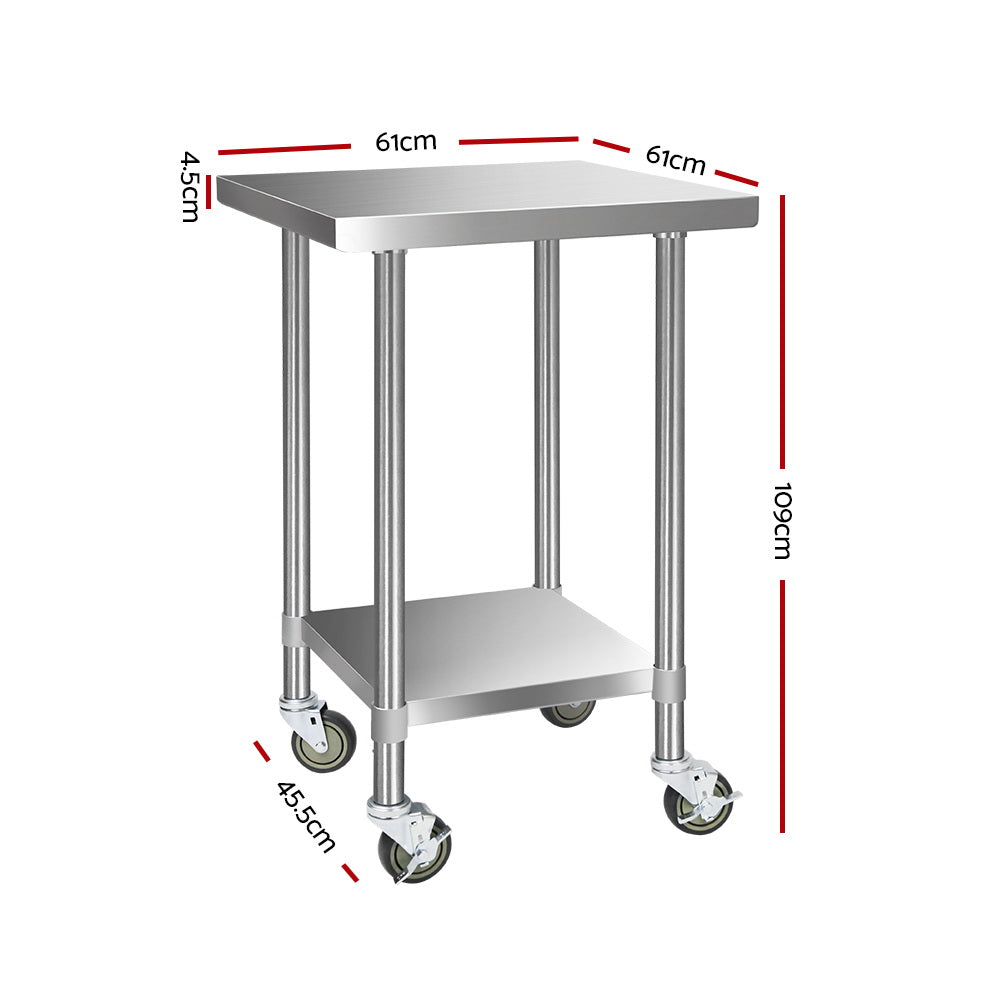610x610mm Stainless Steel Kitchen Bench with Wheels Food Prep Table