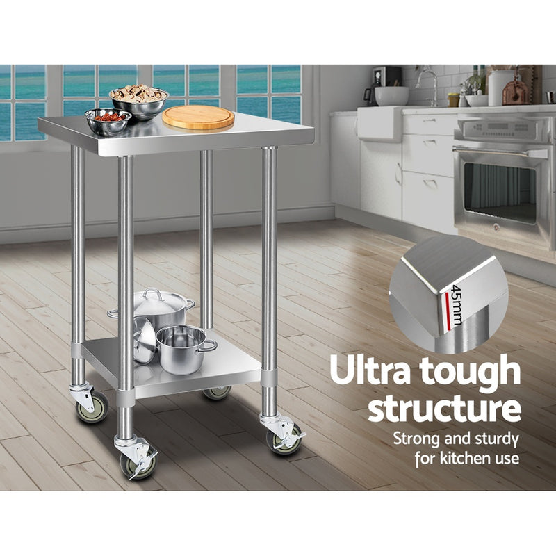 Kitchen Sinks - 610x610mm Stainless Steel Kitchen Bench with Wheels Food Prep Table