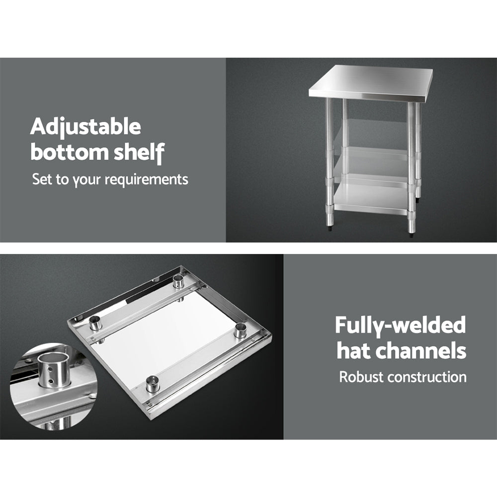 610x610mm Stainless Steel Kitchen Bench with Wheels Food Prep Table