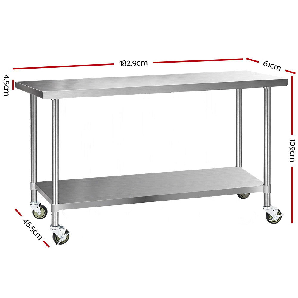 1829X610Mm Stainless Steel Kitchen Bench With Wheels