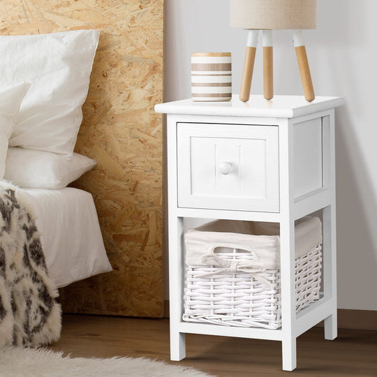 2X Bedside Table 1 Drawer with Basket Rustic White | Bedside Tables
