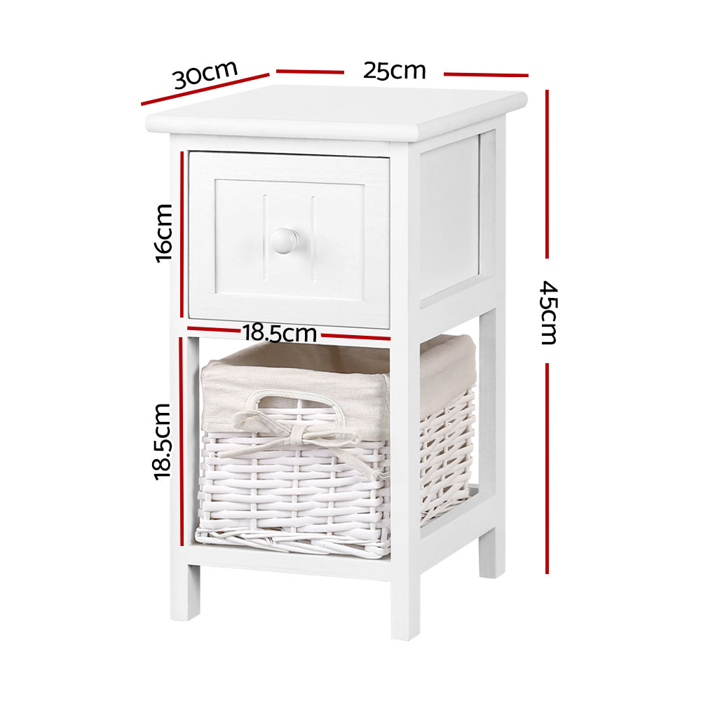 2X Bedside Table 1 Drawer with Basket Rustic White