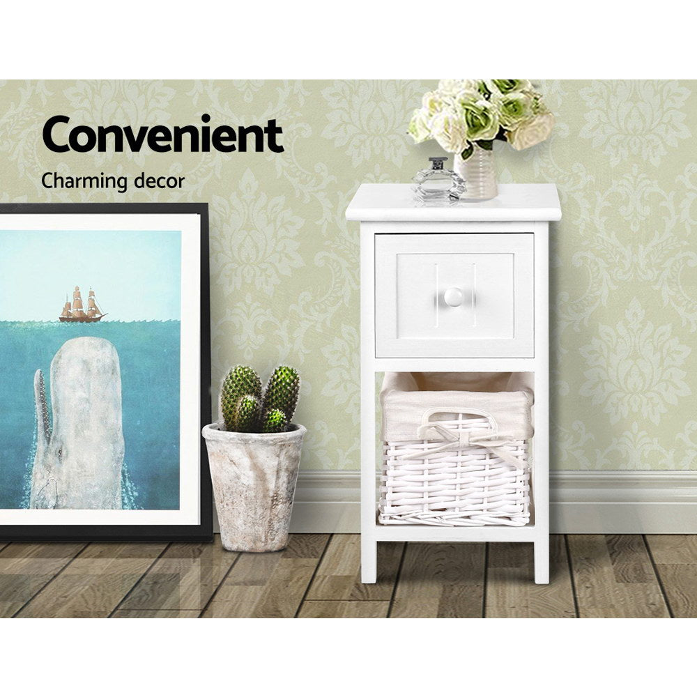 2X Bedside Table 1 Drawer with Basket Rustic White