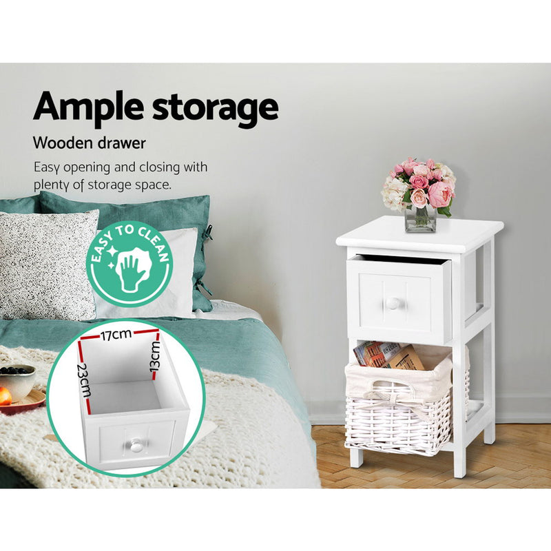 2X Bedside Table 1 Drawer with Basket Rustic White - Bedside Tables
