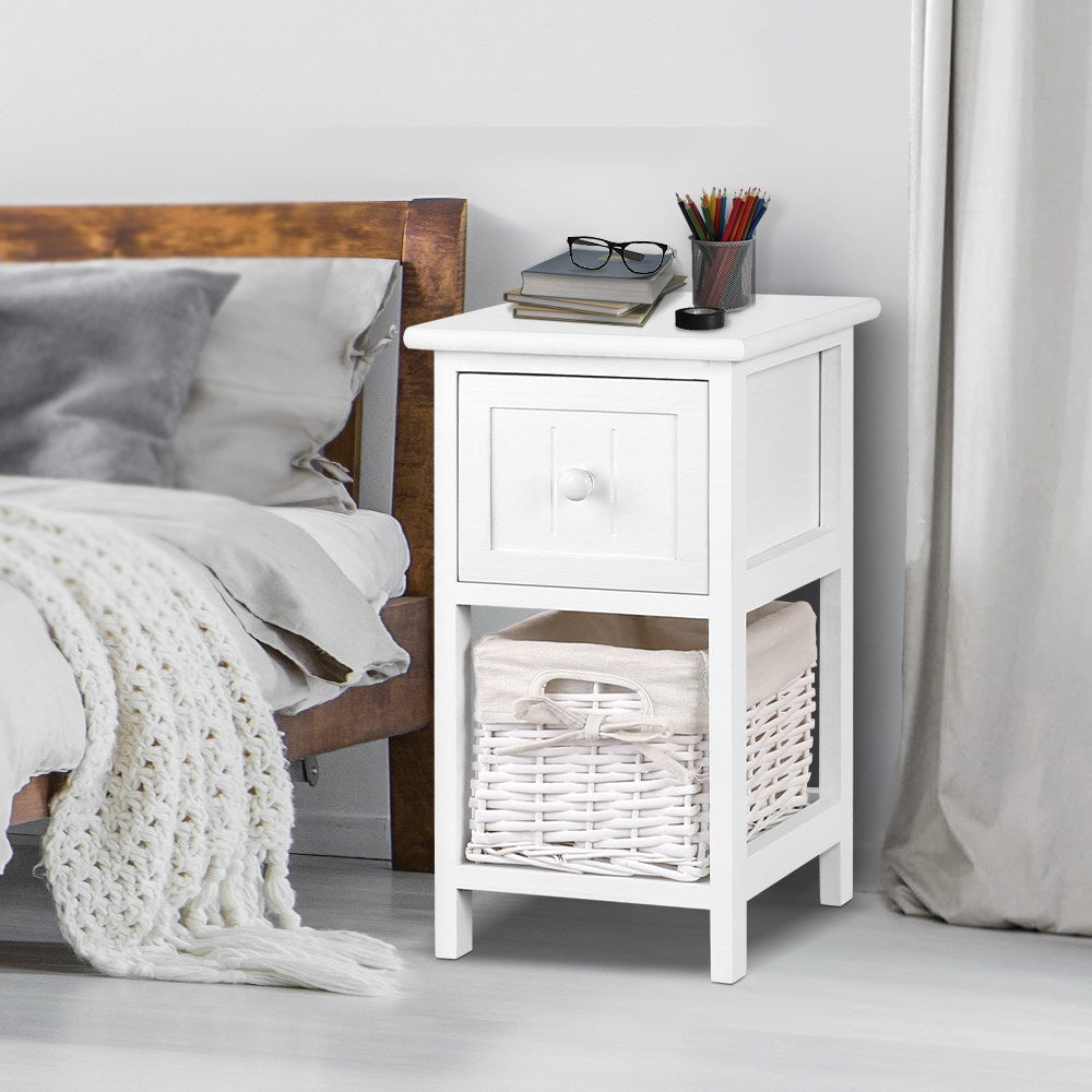 2X Bedside Table 1 Drawer with Basket Rustic White