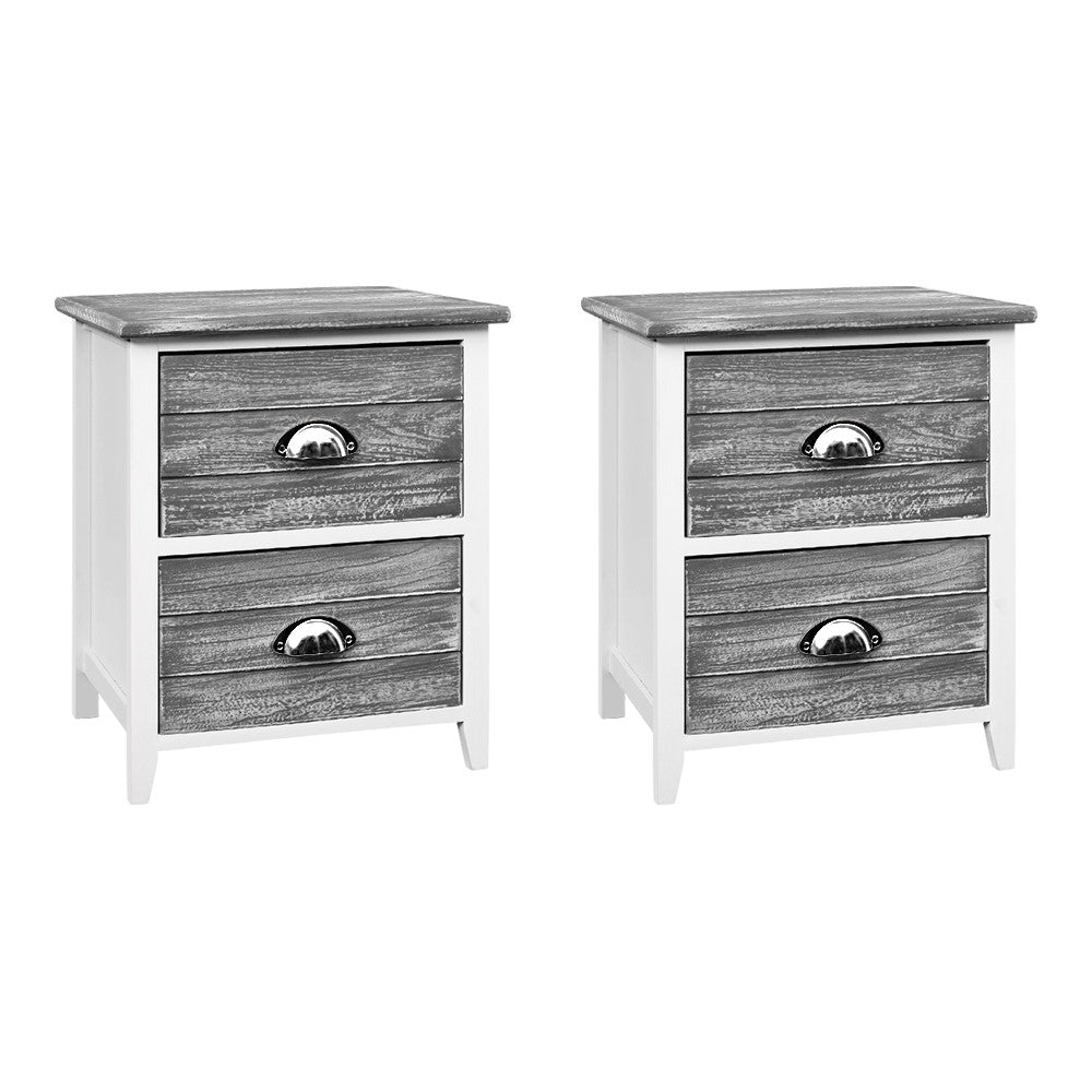 2X Vintage Bedside Tables Grey 2 Drawers Nightstand Storage Units