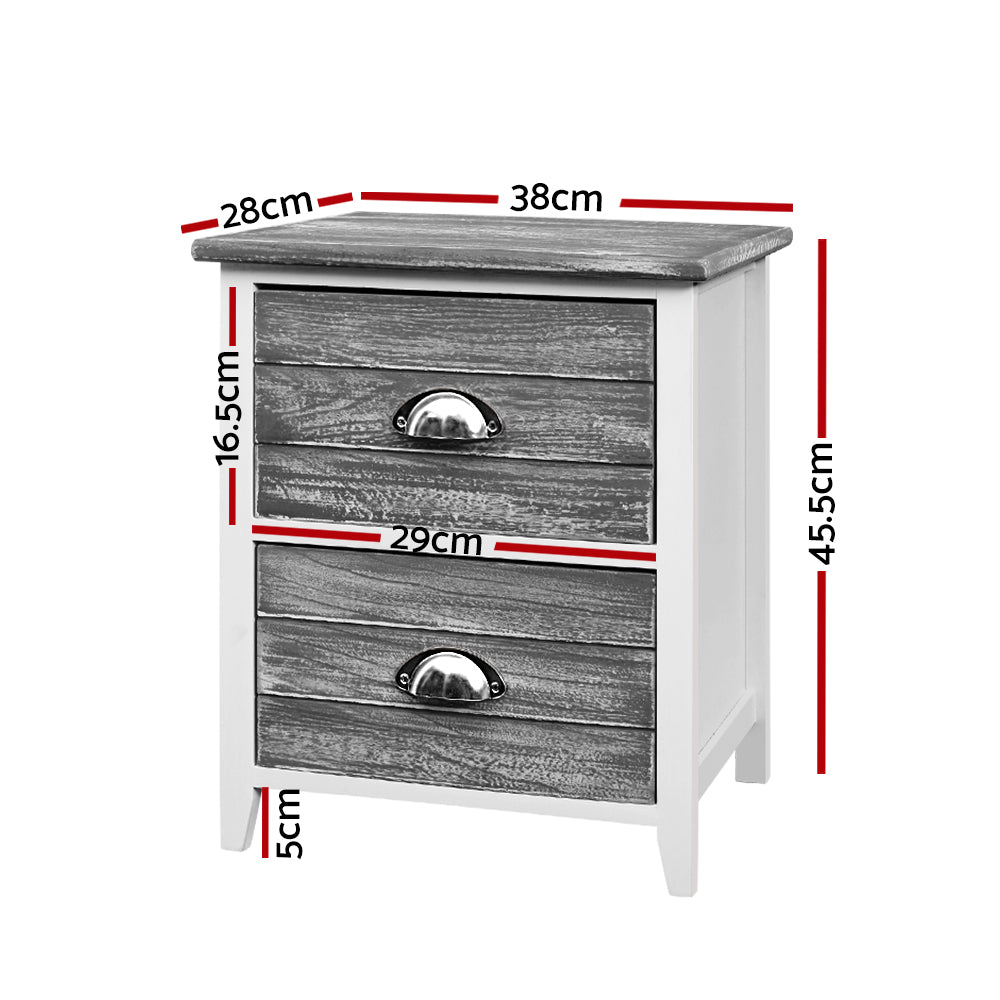 2X Vintage Bedside Tables Grey 2 Drawers Nightstand Storage Units