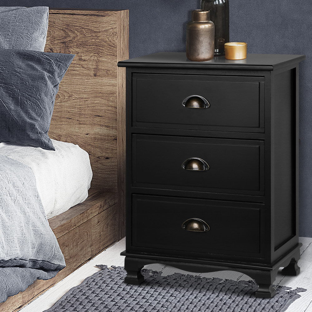 Bedside Table 3 Drawers Vintage - THYME Black | Artiss Chest Storage Cabinet