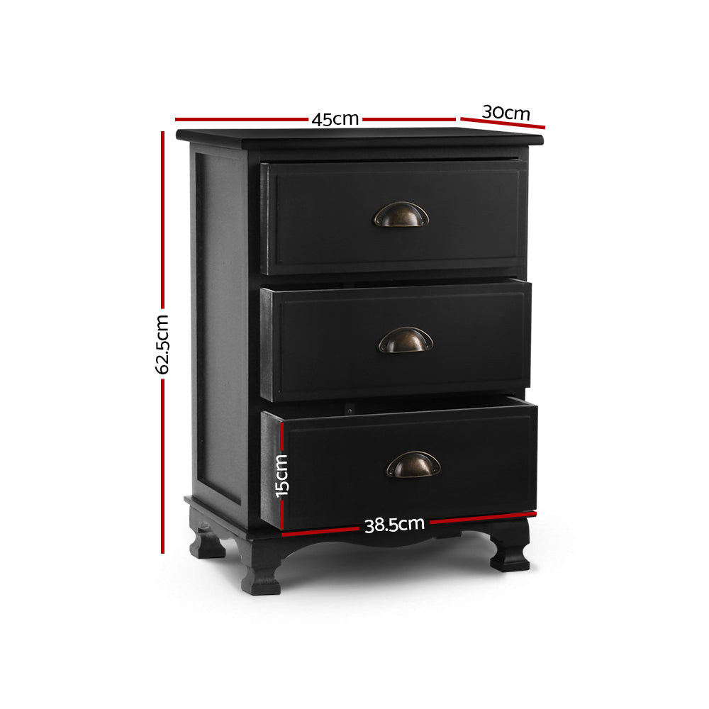 Bedside Table 3 Drawers Vintage - THYME Black | Bedside Tables