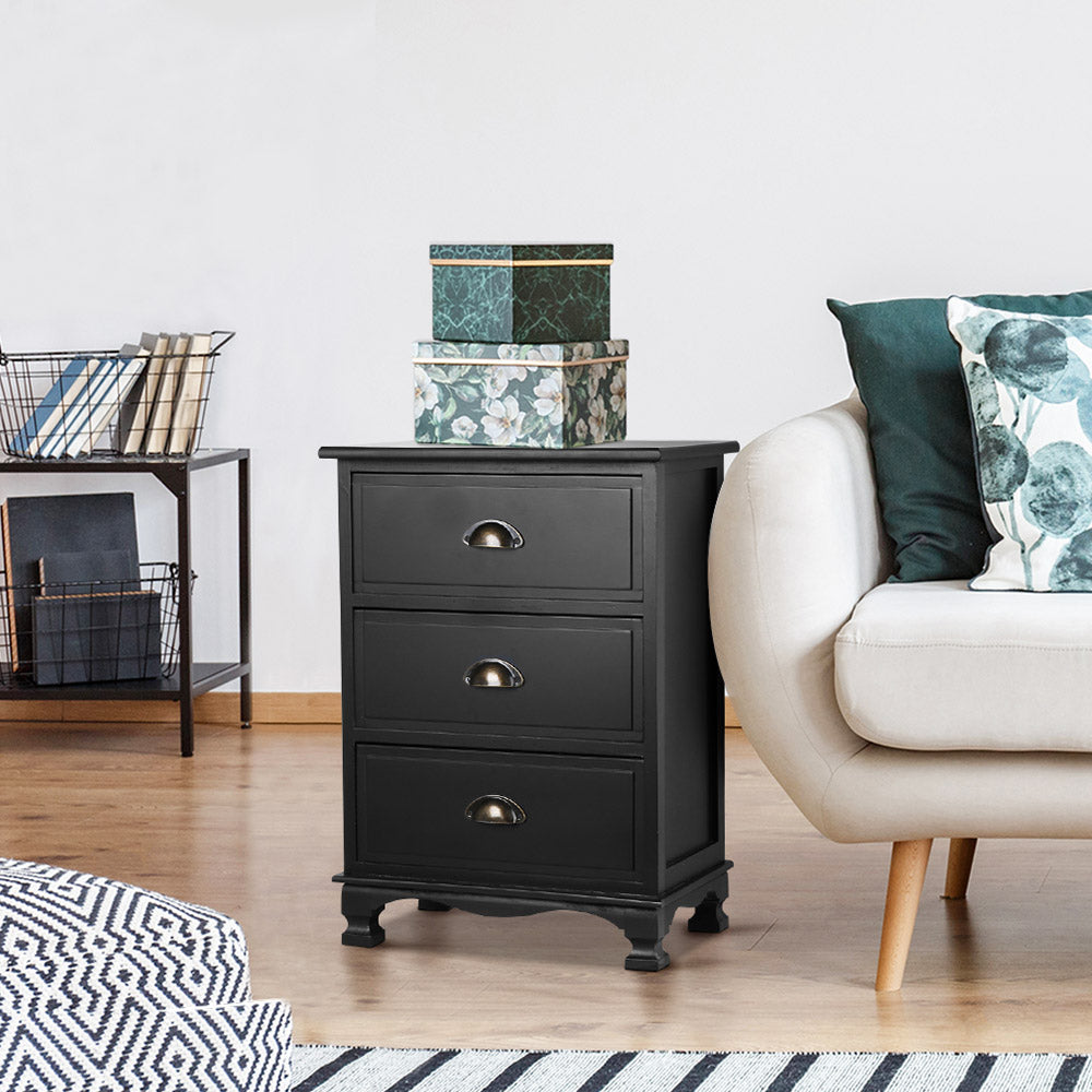 Artiss Chest Storage Cabinet - Bedside Table 3 Drawers Vintage - THYME Black