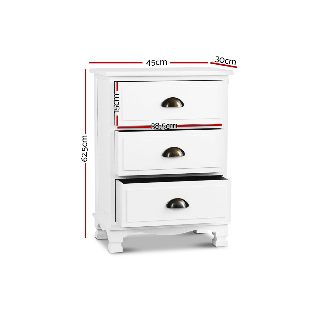 3 Drawer Vintage Bedside Table White Finish