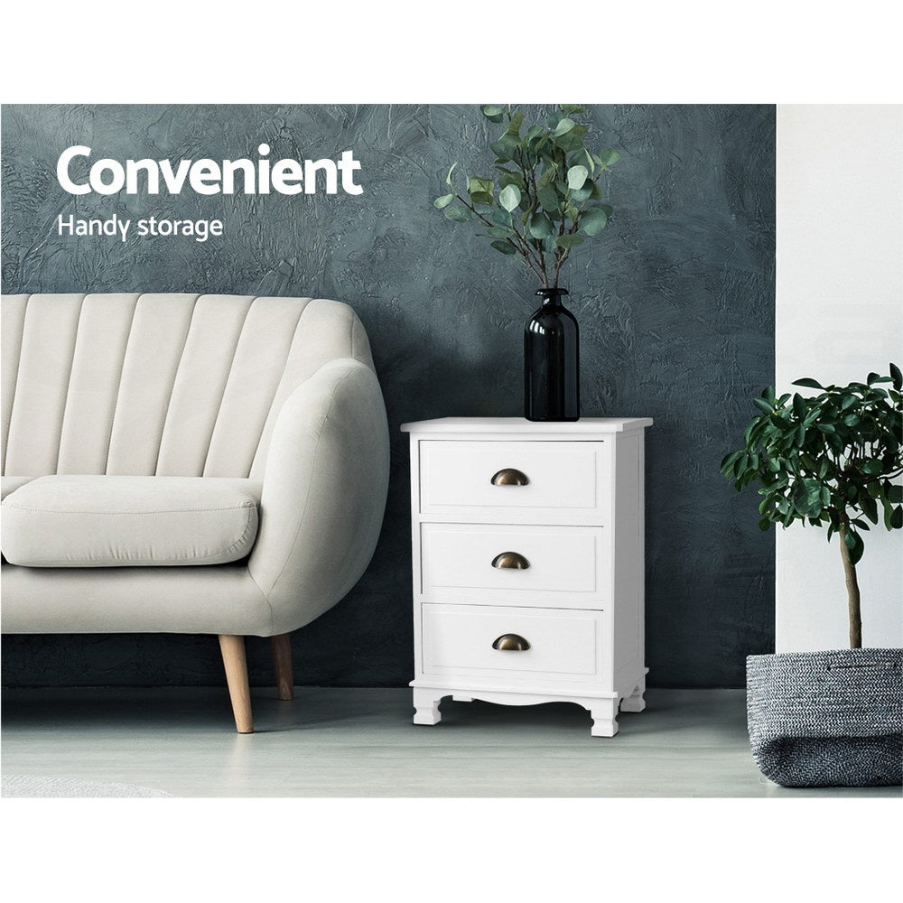 3 Drawer Vintage Bedside Table White Finish